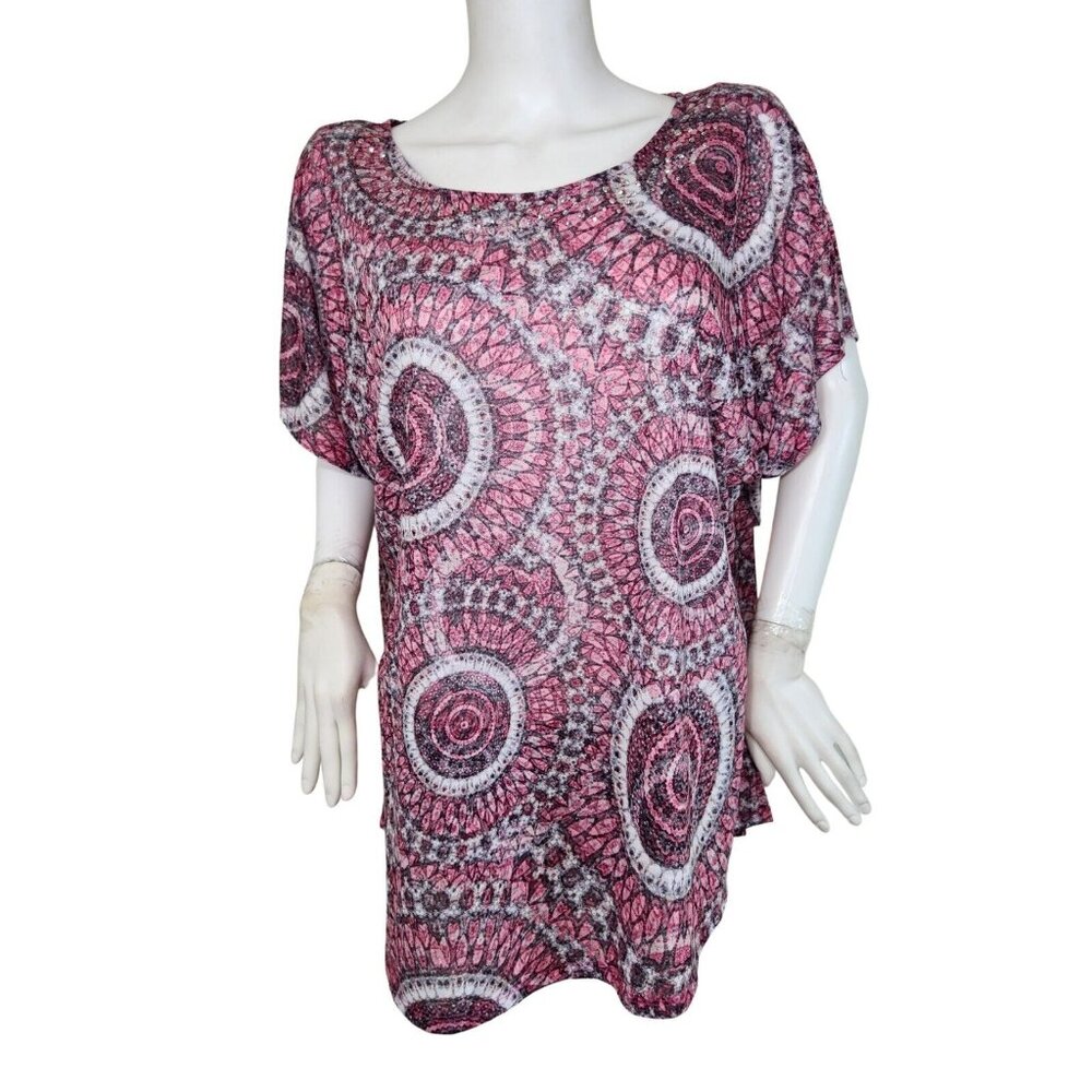 Ruby Rd Women's Plus Size 2X Jeweled Collar Boho Pink Short SleeveTop Blouse (12